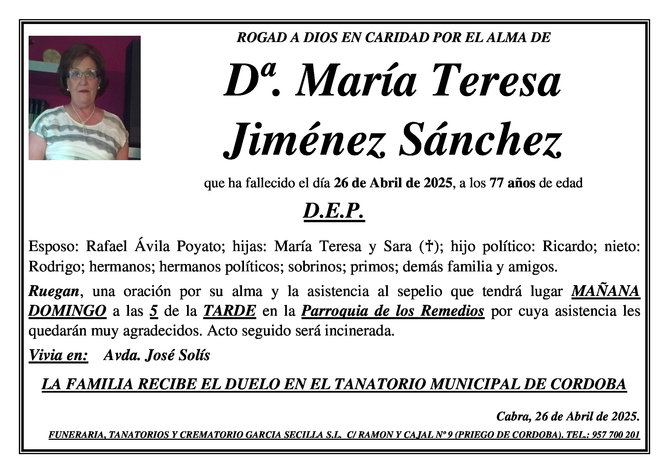 SEPELIO DE D. MARIA TERESA JIMENEZ SANCHEZ