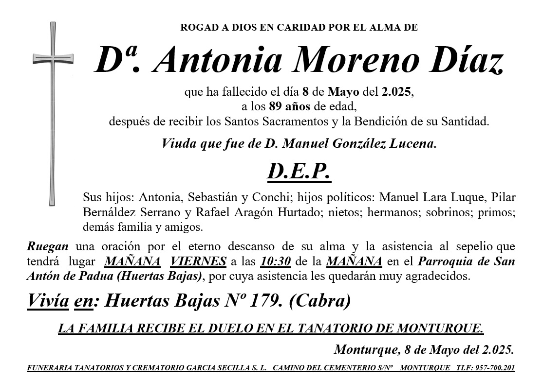 SEPELIO DE Dª ANTONIA MORENO DÍAZ