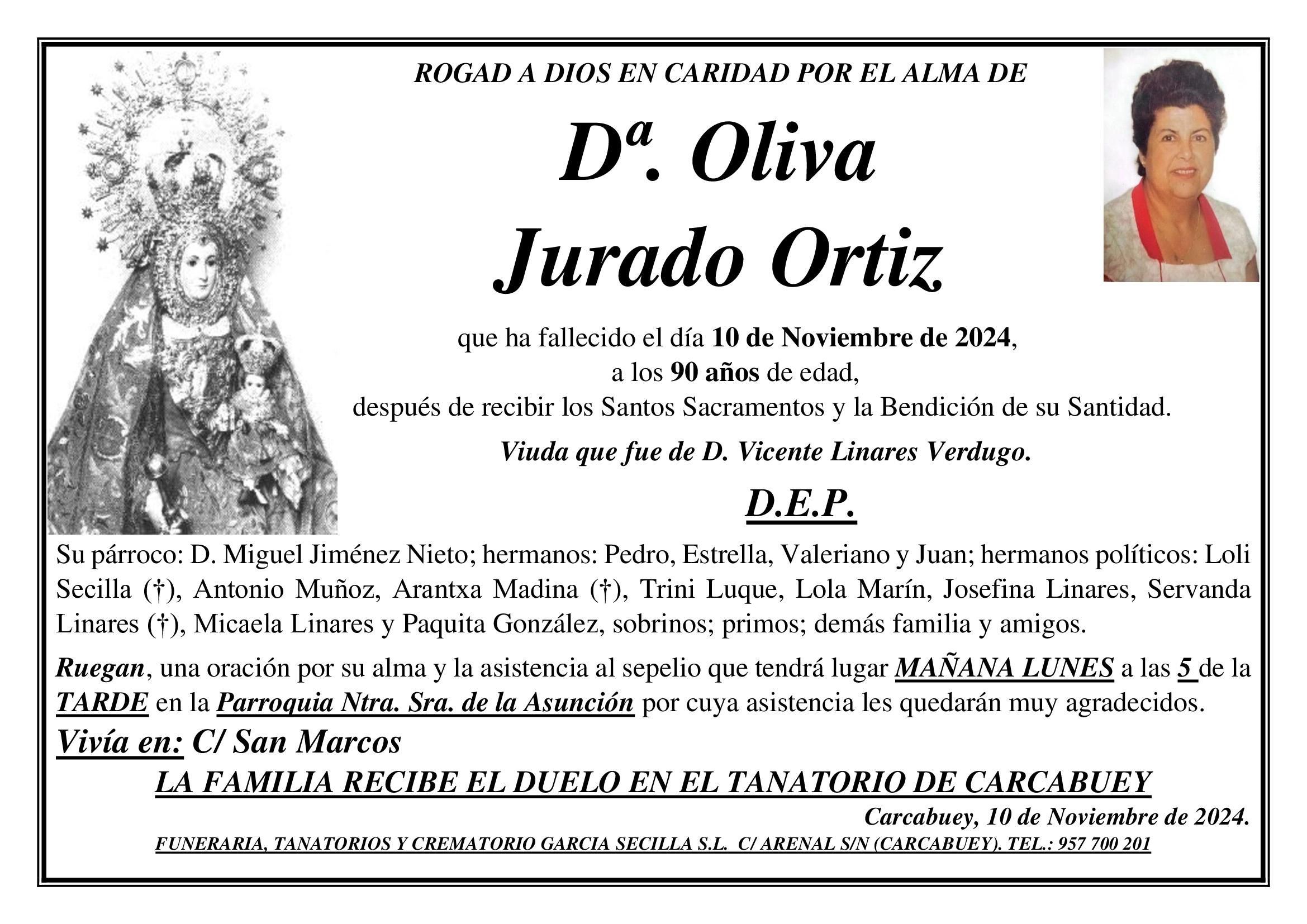 SEPELIO DE Dª. OLIVA JURADO ORTIZ