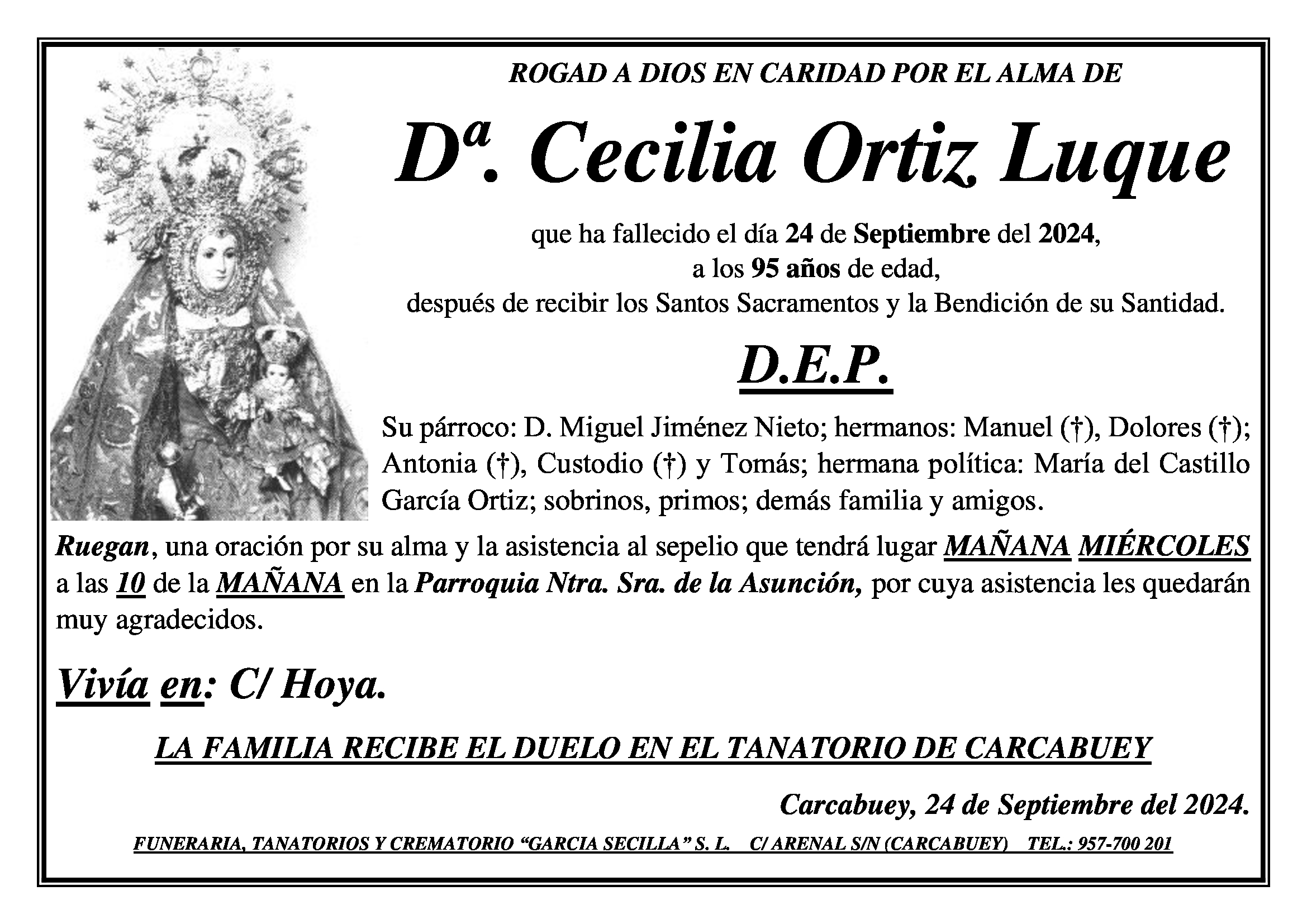 SEPELIO DE Dª CECILIA ORTIZ LUQUE