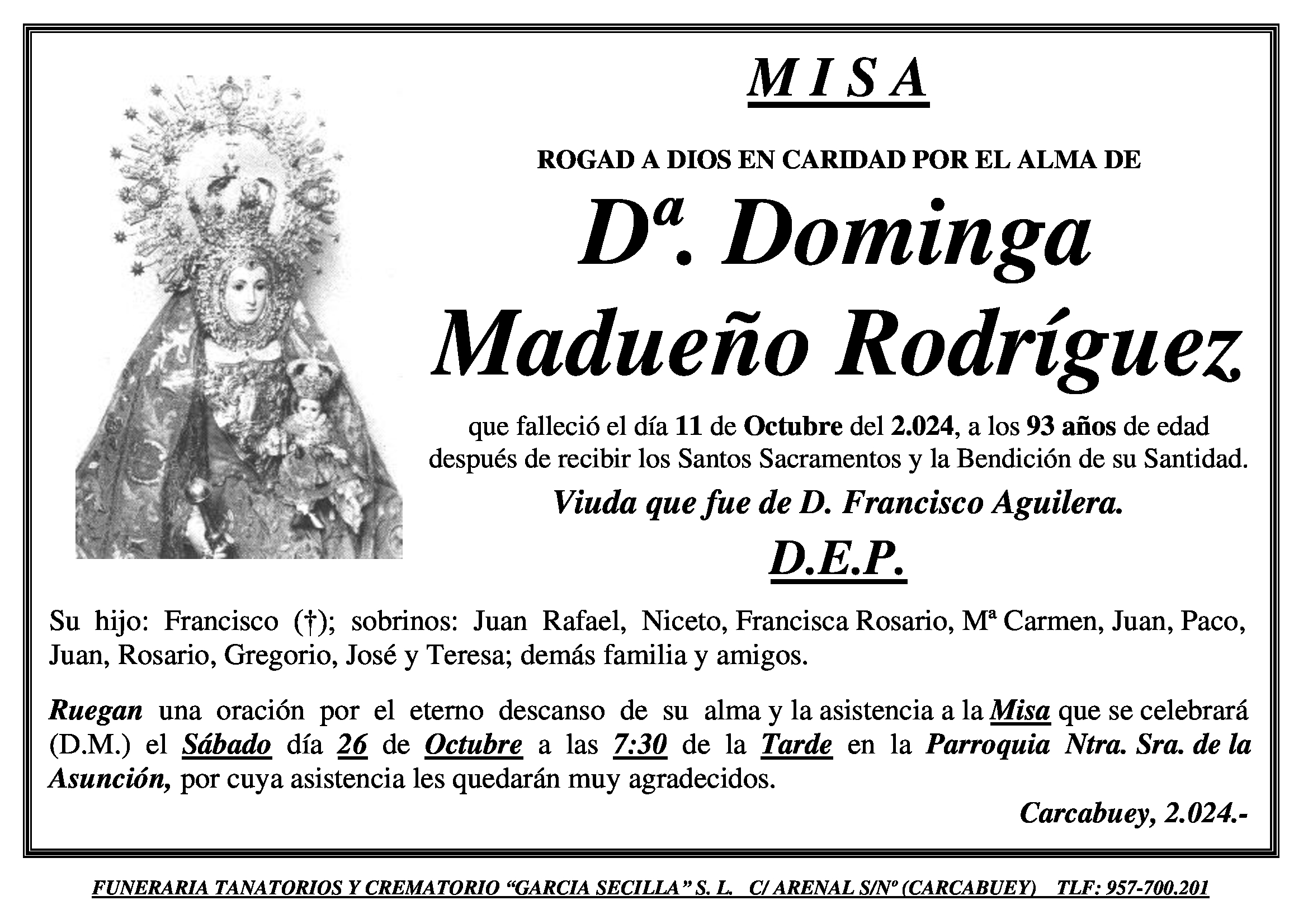 MISA DE Dª DOMINGA MADUEÑO RODRÍGUEZ