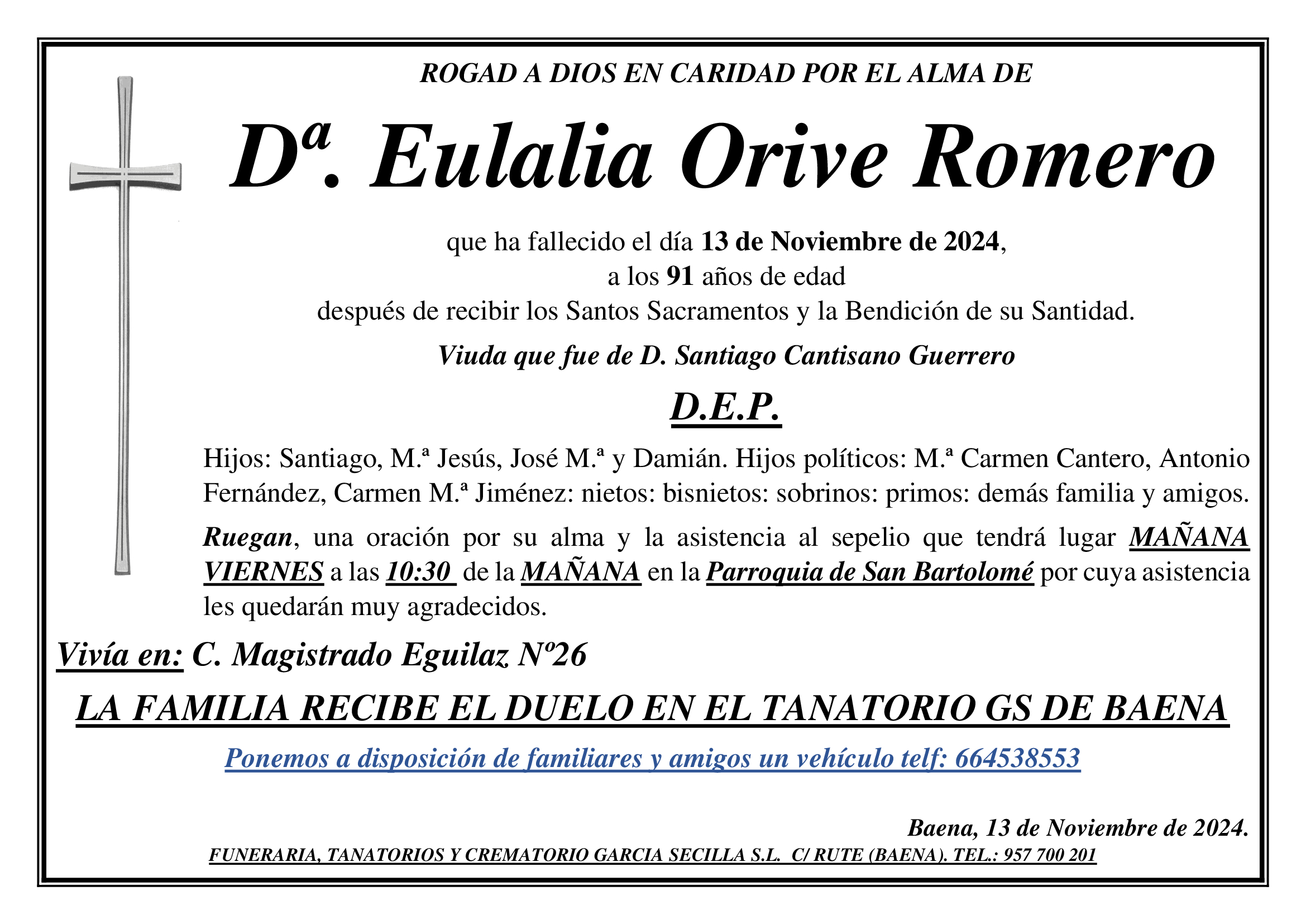 SEPELIO DE Dª EULALIA ORIVE ROMERO