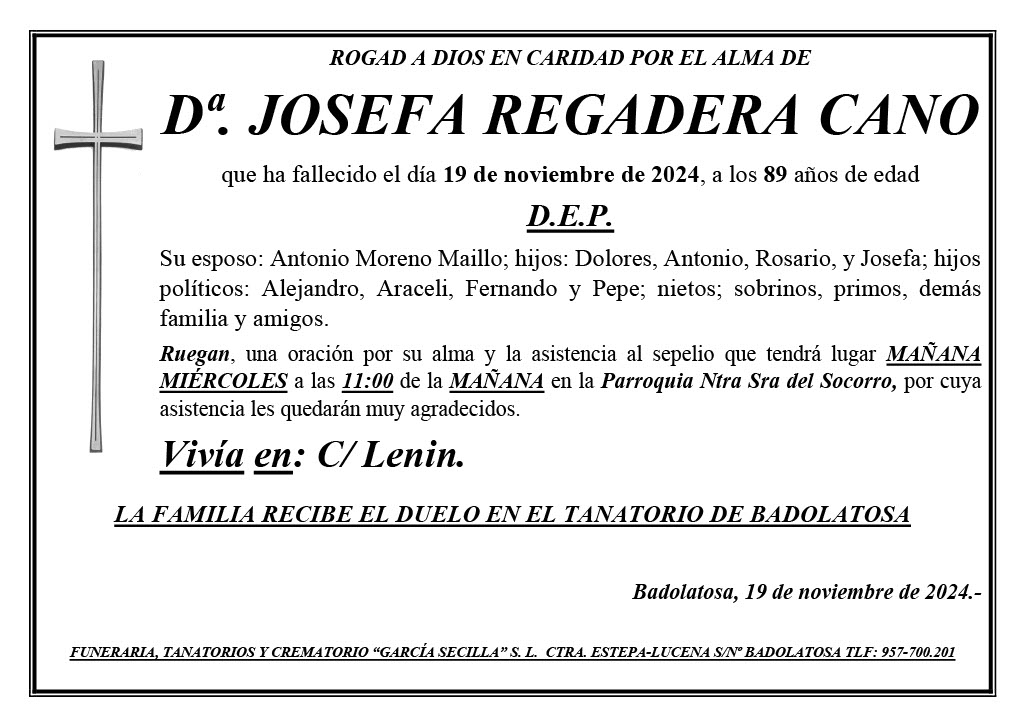 SEPELIO DE Dª. JOSEFA REGADERA CANO