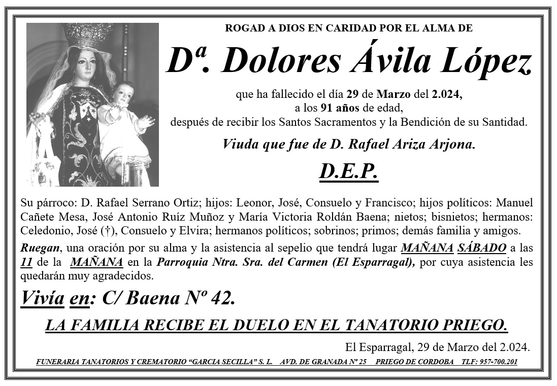 SEPELIO DE Dª DOLORES ÁVILA LÓPEZ