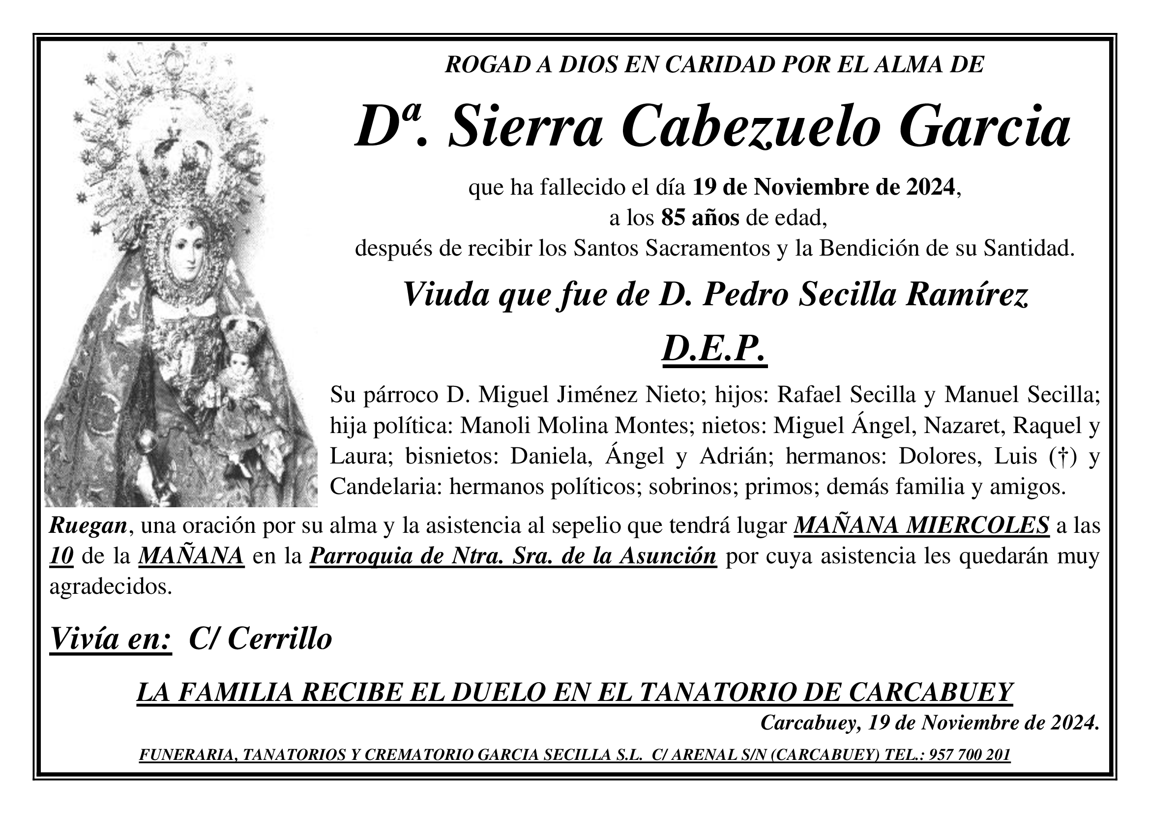 SEPELIO DE Dª SIERRA CABEZUELO GARCIA