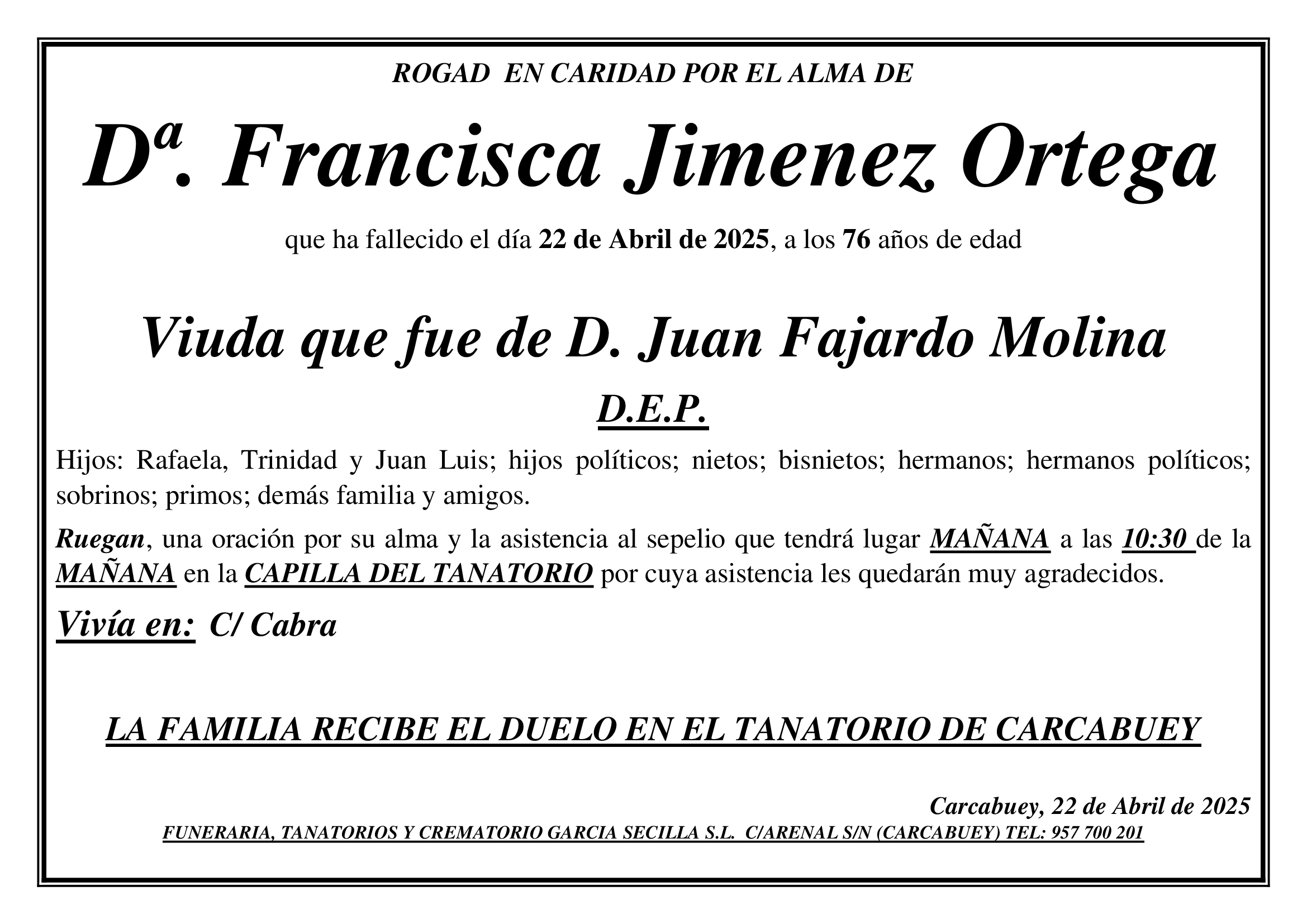 SEPELIO DE Dª FRANCISCA JIMENEZ ORTEGA