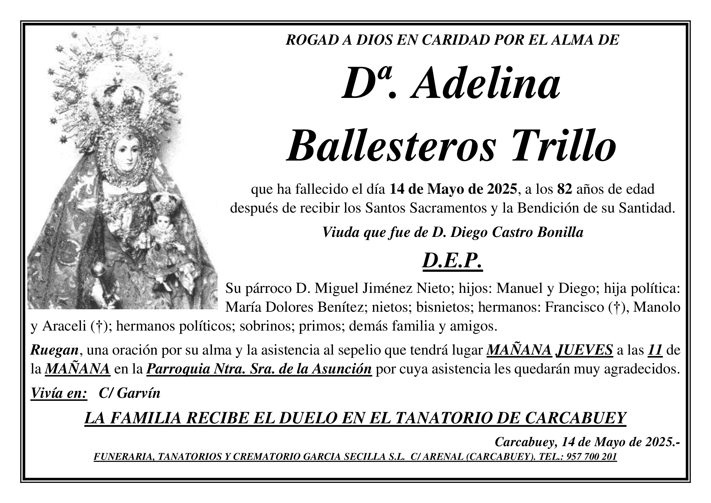 SEPELIO DE Dª ADELINA BALLESTEROS TRILLO