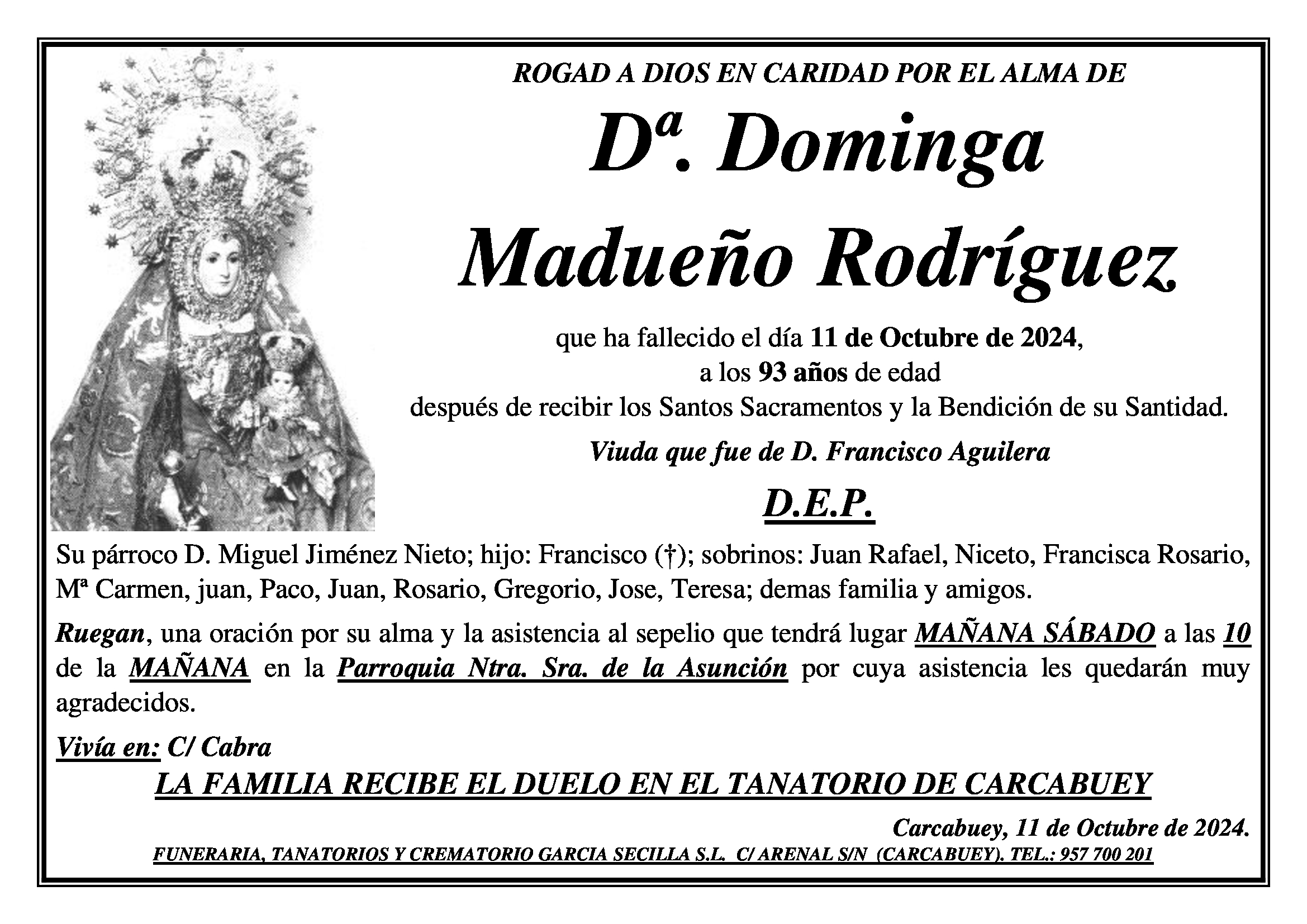 SEPELIO DE Dª DOMINGA MADUEÑO RODRIGUEZ 