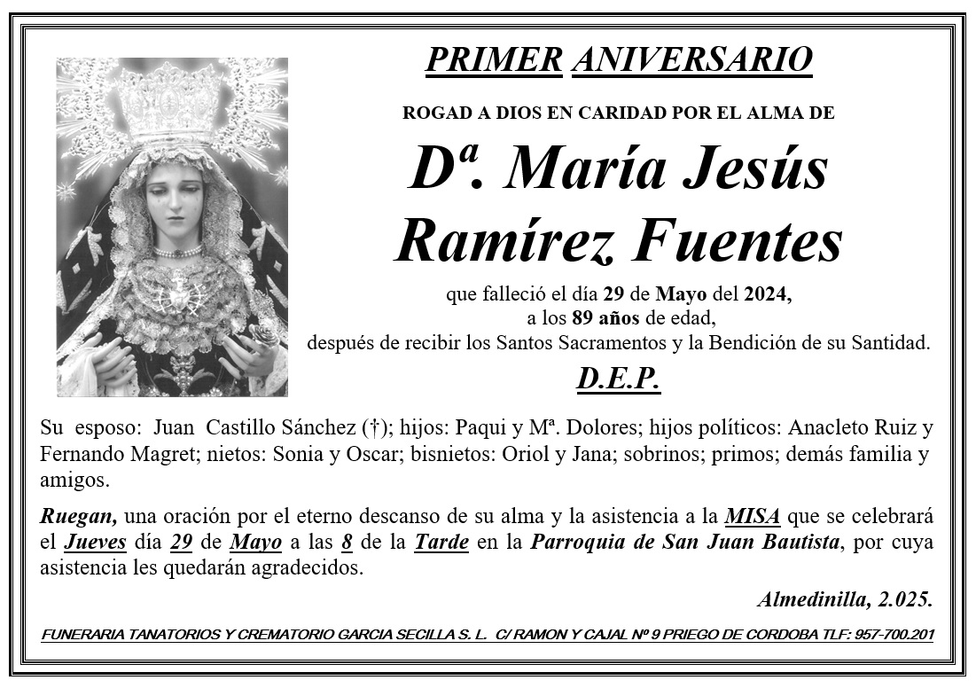 MISA PRIMER ANIVERSARIO DE Dª MARÍA JESÚS RAMÍREZ FUENTES